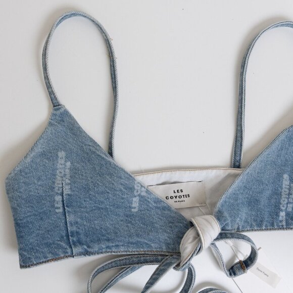 ✨ Les Coyotes de Paris Denim Bralette Girls Size 14 Womens XS Blue Logo Print - Picture 4 of 12